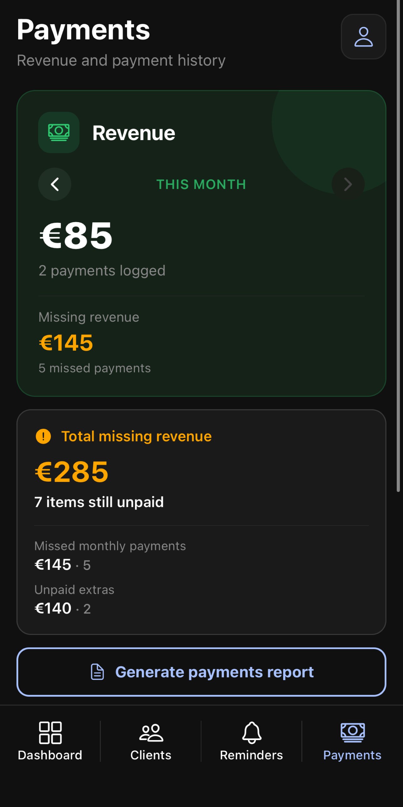 Lunio payments screen with received, overdue, and upcoming totals